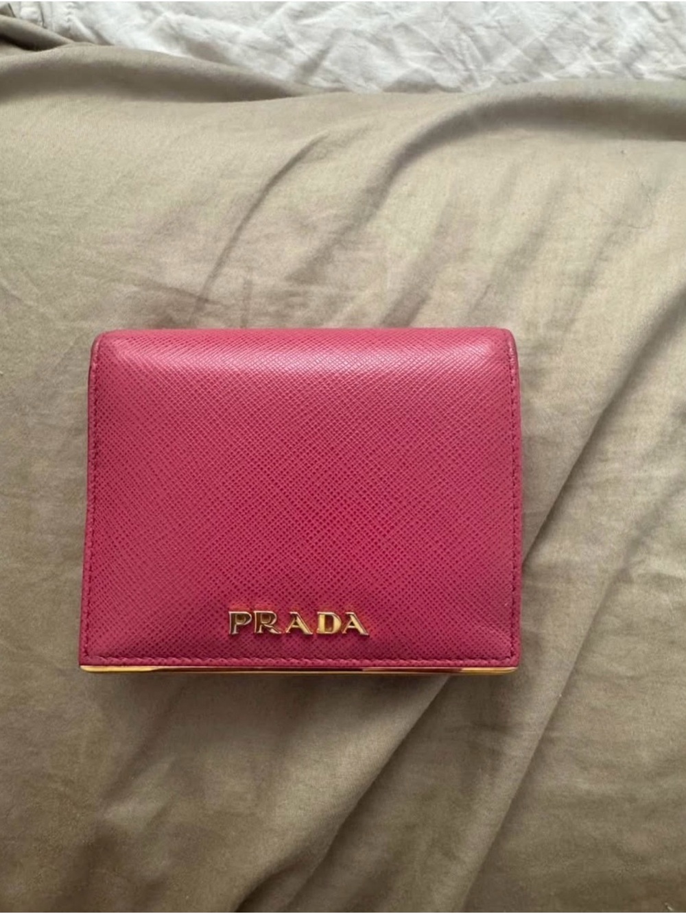 Prada Pink Saffiano Leather Mini Wallet with Gold Logo